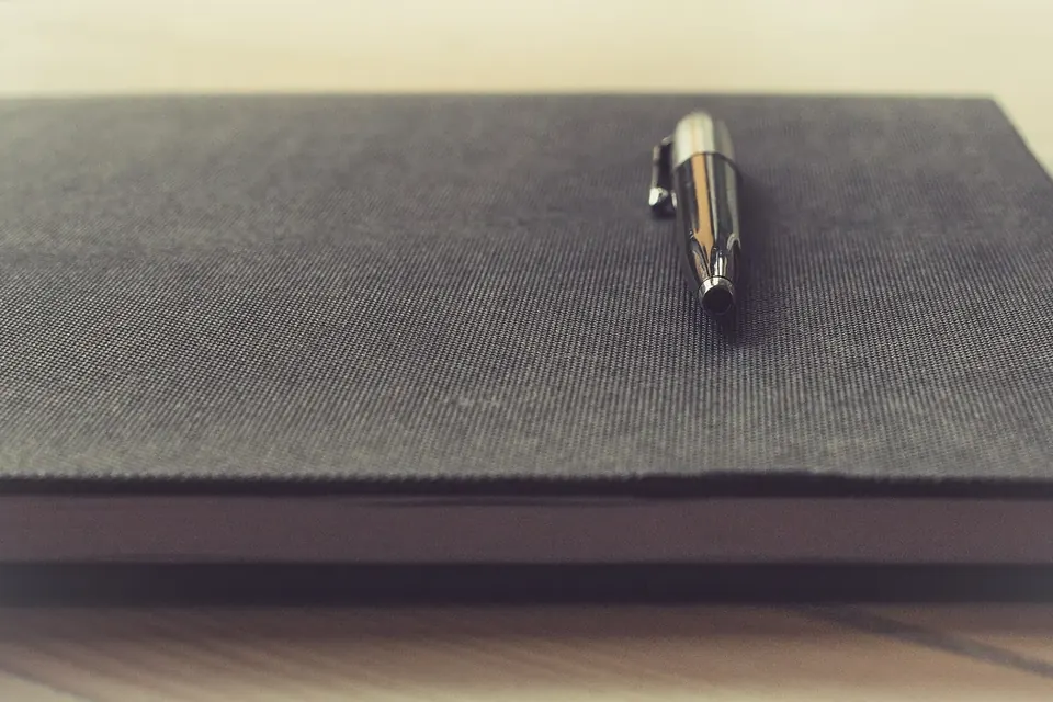 Stylo posé sur un carnet fermé à couverture sombre, sur un bureau